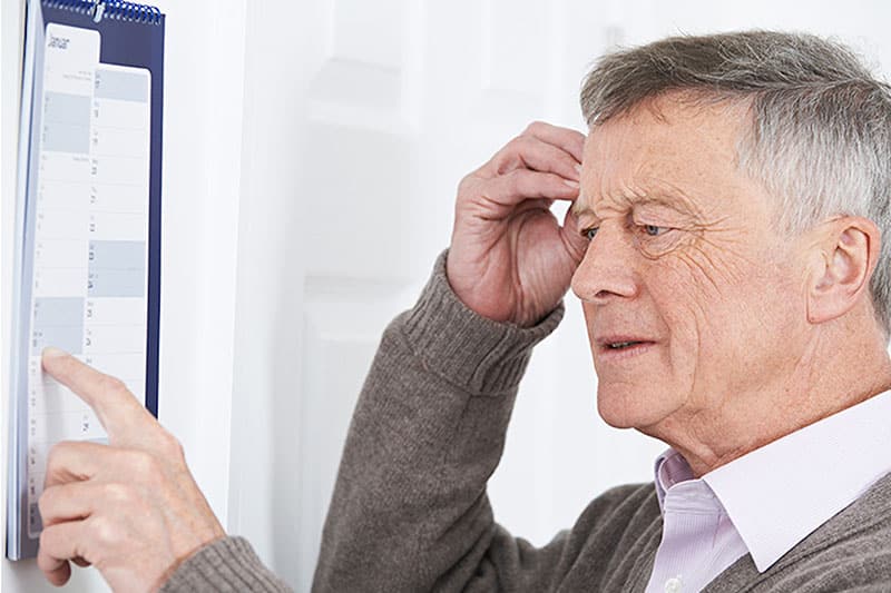 Senior man suffering from dementia forgetting important events, names and faces.