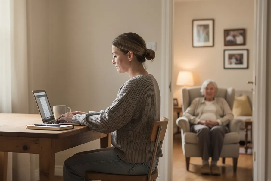 Adult daughter experiencing caregiver guilt while working on a laptop and caring for her elderly mother sitting nearby.