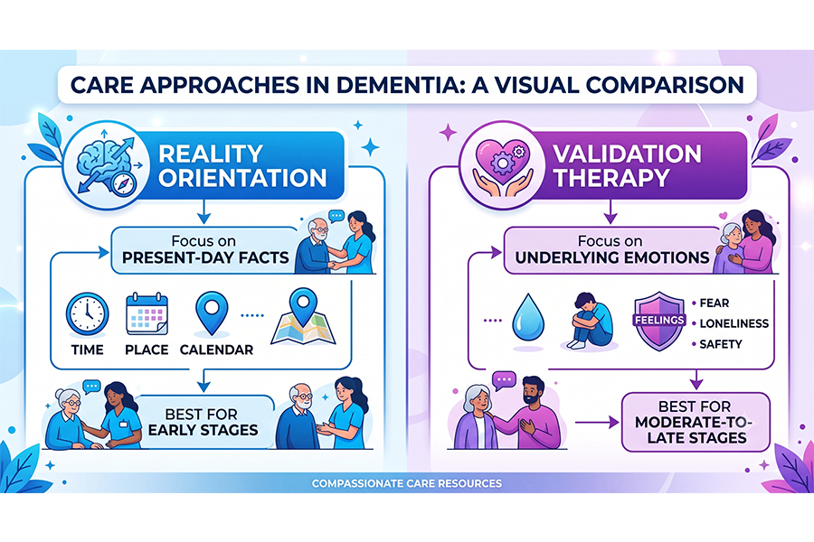 Infographic comparing validation therapy for dementia care with reality orientation methods